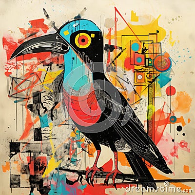 Vibrant Bird Painting With Colorful Tassels And Abstract Background Cartoon Illustration