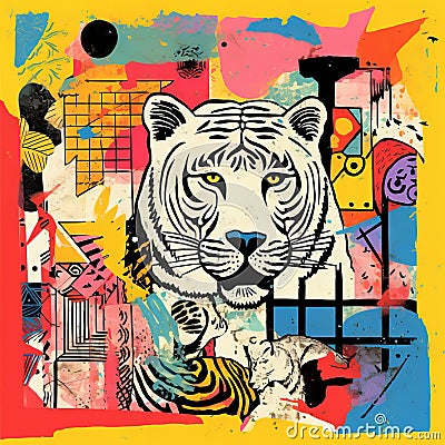 Abstract White Tiger Print With Urban Graffiti Style Cartoon Illustration