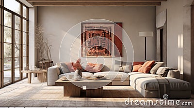 Tribal Abstraction: Grey Coffee Table With Bamileke Art And Rustic Impressionism Stock Photo