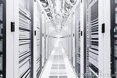 A photo showcasing a straight line of servers in a busy data center, with blinking lights and humming sounds, Artistic Stock Photo