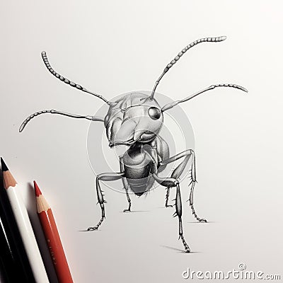 Detailed Pencil Sketch Of Ant With Foreshortening Techniques Stock Photo