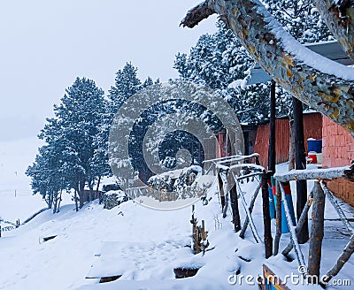 A photo showing abandoned houses covered with snow. Stock Photo