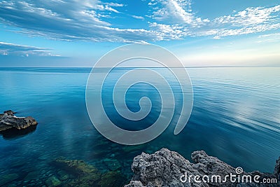 A photo showing a vast expanse of water with rocks encircling it, creating a striking landscape, Sky view of a tranquil sea Stock Photo