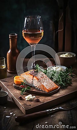 A glass of wine and a piece of fish with greens Stock Photo