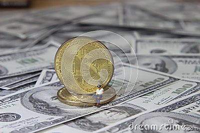 Conceptual Photo, sitting young businessman, doing bitcoin transaction, beyond dollar paper money, mini figure scale 1/87 or HO Editorial Stock Photo
