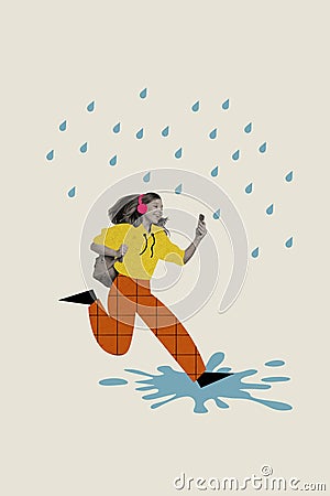 Photo sketch collage picture of smiling lady running under rain listening songs apple iphone samsung device isolated Stock Photo