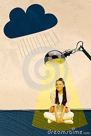 Photo sketch graphics artwork picture of charming happy smiling lady sitting under lamp enjoying rainy weather isolated Stock Photo