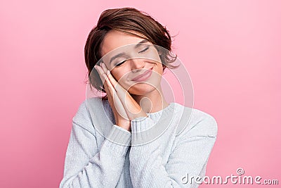 Photo of sleepy happy nice young woman wave hands face asleep good mood isolated on pink color background Stock Photo