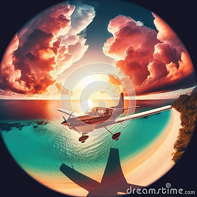 photo of small Airplane flying above tropical sea at sunset. fish eye lens Stock Photo