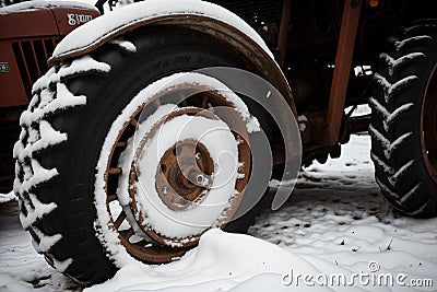 Snow on a rusty wheel of a tractor Stock Photo