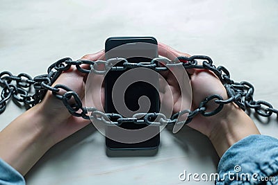 Photo Social media shackles Mobile phone symbolically chained to users hands Stock Photo