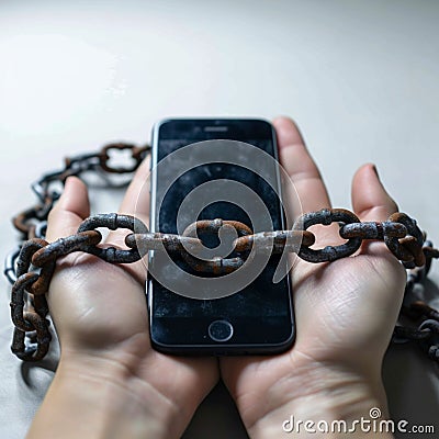 Photo Social media shackles Mobile phone symbolically chained to users hands Stock Photo