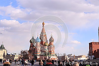 Photo St. Basil`s Cathedral in Red Square in spring, Russia, Moscow. Editorial Stock Photo