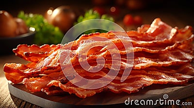 Photo of a stack of crispy bacon on a wooden cutting board Stock Photo