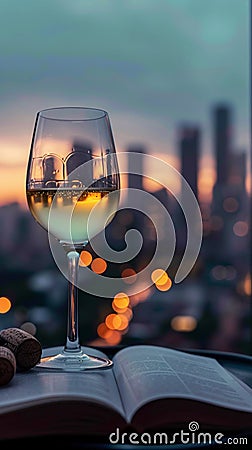 Photo Stay home luxury white wine, book, spectacles, city lights serenity Stock Photo