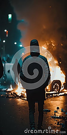 Photo of street during night street riots created with Generative AI technology Stock Photo
