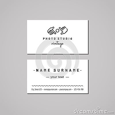 Photo studio business card design concept. Photo studio logo with hands and lens. Vintage, hipster and retro style. Vector Illustration