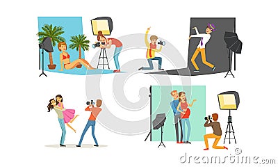 Photo Studio Collection, Male Photographers Taking Pictures of Models, Couples in Love with Professional Equipment Vector Illustration