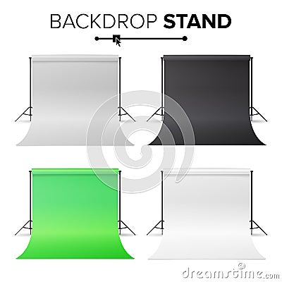 Photo Studio Hromakey Set Vector. Modern Photo Studio. Black, White, Green Backdrop Stand Tripods. Realistic 3D Template Vector Illustration