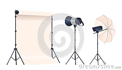 Photo Studio Light Equipment Includes Umbrella, Backdrop, Continuous Light Or Flash Strobe, Enhancing Photography Vector Illustration