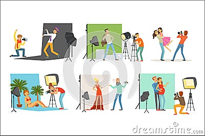 Photo studio set, photographers taking pictures of different people with professional photographic equipment vector Vector Illustration