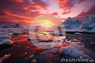 Photo of a stunning sunset over the icy waters of the ocean Stock Photo