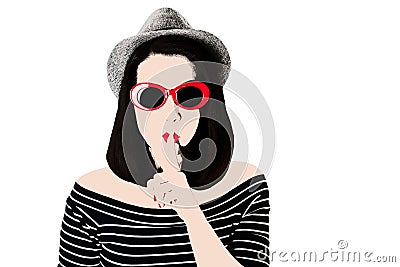 Photo in the style of pop art. Woman in red sunglasses shows gesture Shhh. Stock Photo