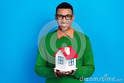 Photo of successful agent real estate man smiling hold selling new apartments for big family cheap price best place Stock Photo
