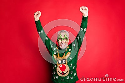 Photo of successful having great good mood achieving goal with beaming smile old guy raising hands up feeling music Stock Photo