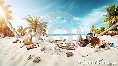 summer vacation litter trash scattered in tropical beach Stock Photo