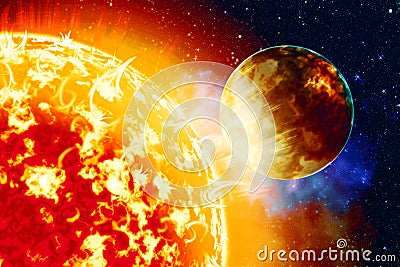 Photo of the sun in space. Close up view of a burning sun in space. Plasma Background. 3d illustration Cartoon Illustration