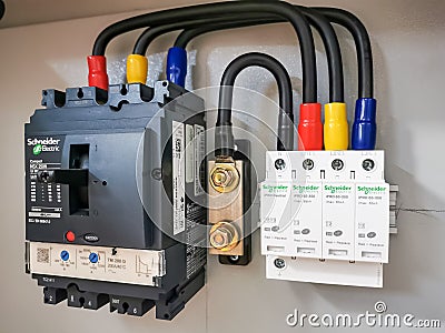 Photo of Surge Protection Devices with molded case circuit breaker in electrical cabinet. Editorial Stock Photo