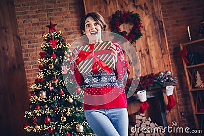 Photo surprised omg reaction young woman brown bob hair wear red warm sweater holding package santa claus miracle Stock Photo