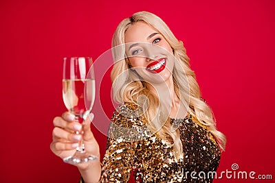Photo of sweet adorable young lady wear gold outfit cheers champagne smiling isolated red color background Stock Photo