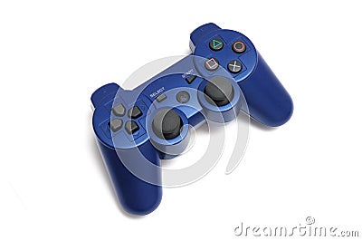 A blue purple wireless video game joystick console controller Stock Photo