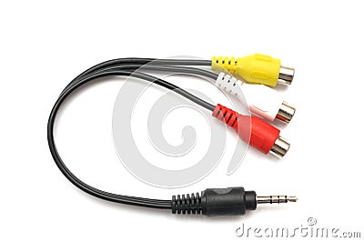 A male 3.5mm audio cable to three female RCA red white yellow television cable Stock Photo
