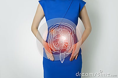 Photo template of unrecognizable woman representing graphic visualisation of intestine organ highlighted red. Cartoon Illustration