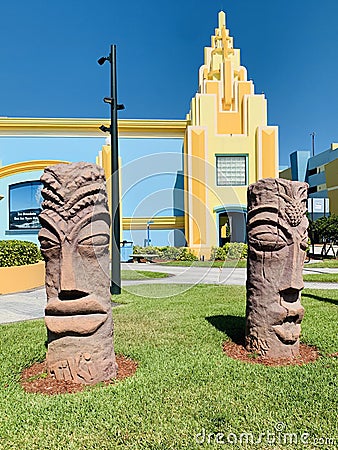 Architectural Building with Tiki Statues in Cocoa Beach Stock Photo