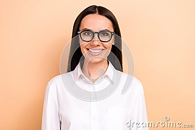 Photo of toothy smile young businesswoman white shirt successful entrepreneur positive company owner isolated on beige Stock Photo