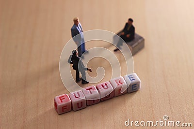 Photo Top View Mini Figure Toy Two Businessman Talking About Their Future Organization or Corporate Stock Photo