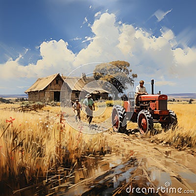 Charming Australian Landscape: Tractor Painting In Cinematic Style Stock Photo