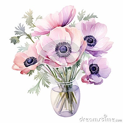 Watercolor Hand Painted Pink Anemone Bouquet In Vase Stock Photo