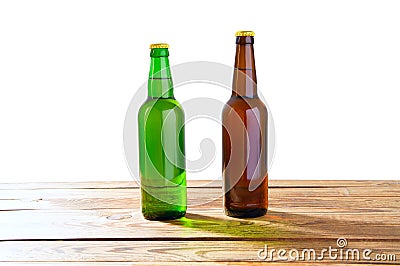 Photo of two different full beer bottles with no labels. Separate clipping path for each bottle included.2 two separate photos Stock Photo