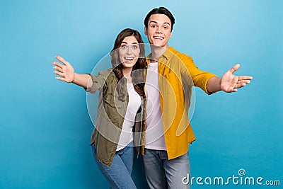 Photo of two friendly couple love story funny guy girlfriend meeting you congratulate welcome people inviting isolated Stock Photo