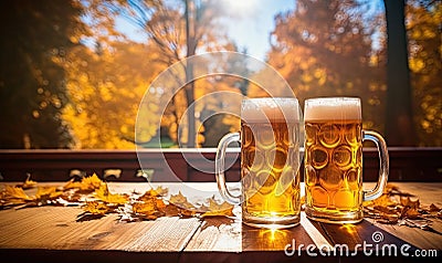 Photo of Two Glasses of Frothy Beer on a Rustic Wooden Table Stock Photo