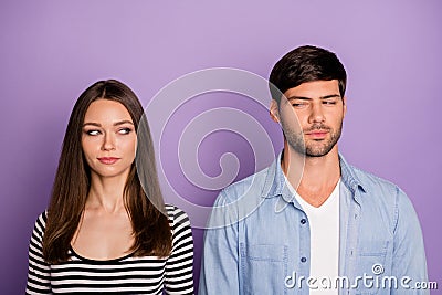 Photo of two people couple looking distrustful each other have creative tricky plan know secret chatterbox wear stylish Stock Photo