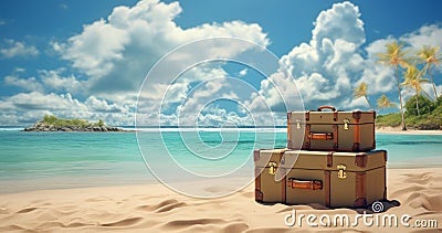 Photo of two stacked suitcases on a sandy beach Stock Photo