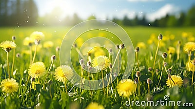 Photo of a vibrant field of yellow dandelions under a clear blue sky Stock Photo