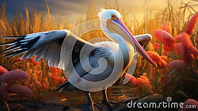 Vibrant Zbrush Art: Pelican In The Grass With Pink Feathers Stock Photo