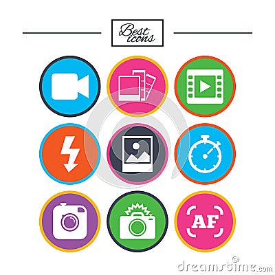 Photo, video icons. Camera, photos and frame. Vector Illustration